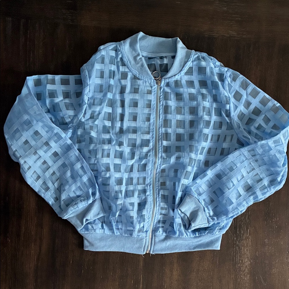 Light Blue Sheer Grid Bomber Jacket
